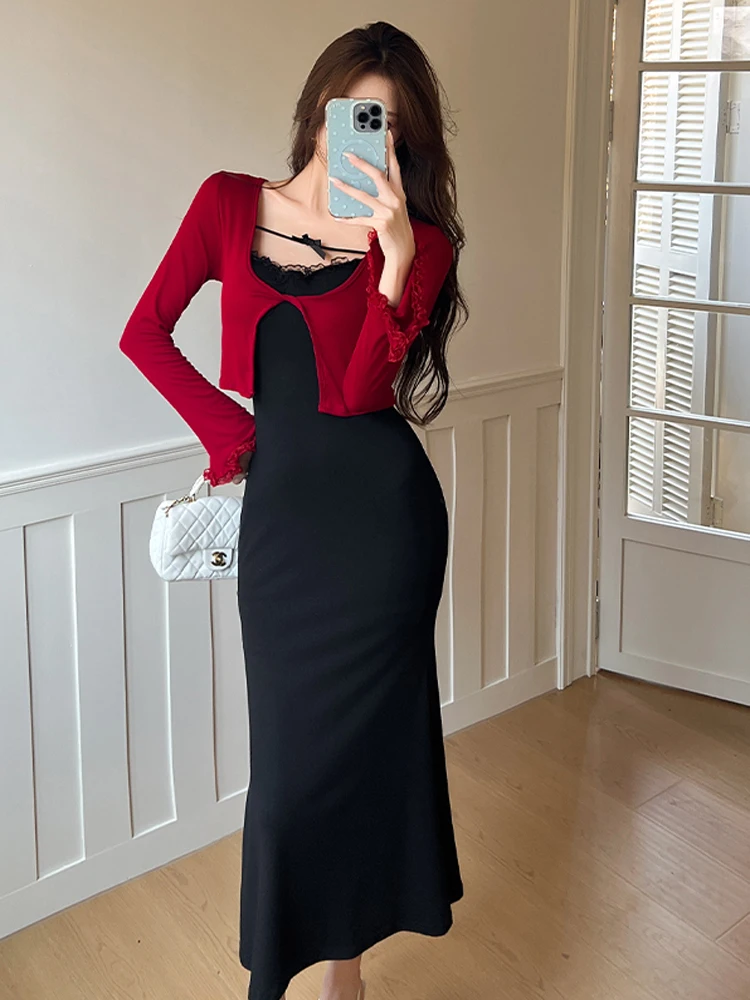 

Винтажное сексуальное черное вязаное облегающее платье на бретельках + красные укороченные топы с длинными рукавами, корейская модная женская одежда, комплект из двух предметов