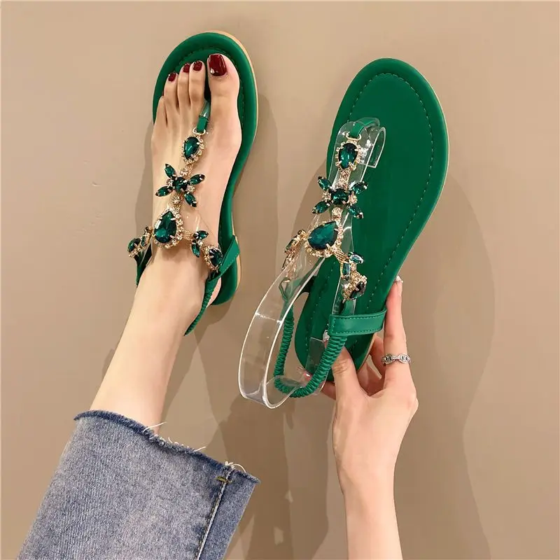 Summer 2024 Flat Rubber Sandals for Woman Women\'s Shoes No Heel Crystal Diamond Footwear Rhinestones Green Korea Sandal Designer