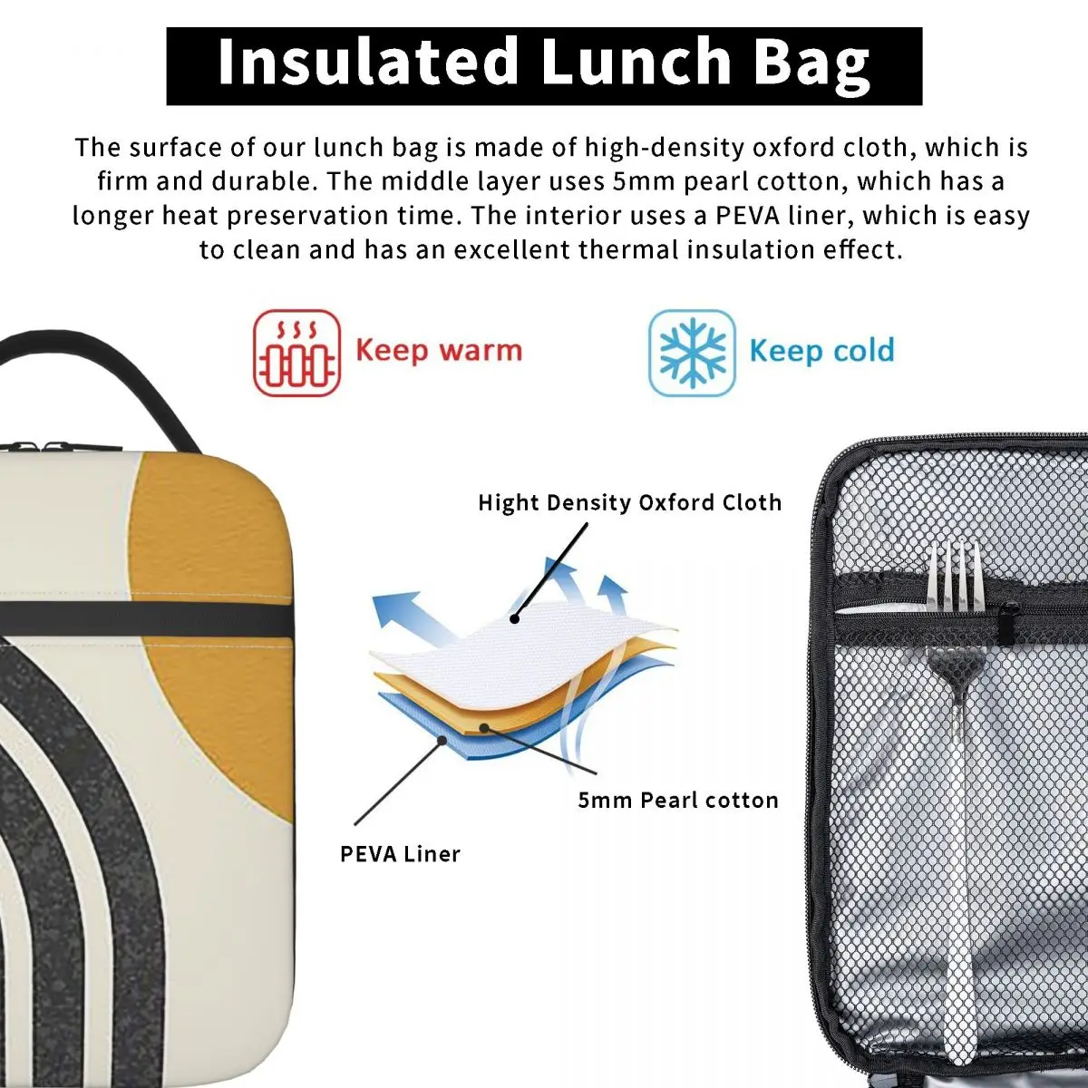Mid Century Modern Gold - Sun And Rainbow Insulated Lunch Bag for Women Children Leakproof Food Boxes Thermal Lunch Box Tote
