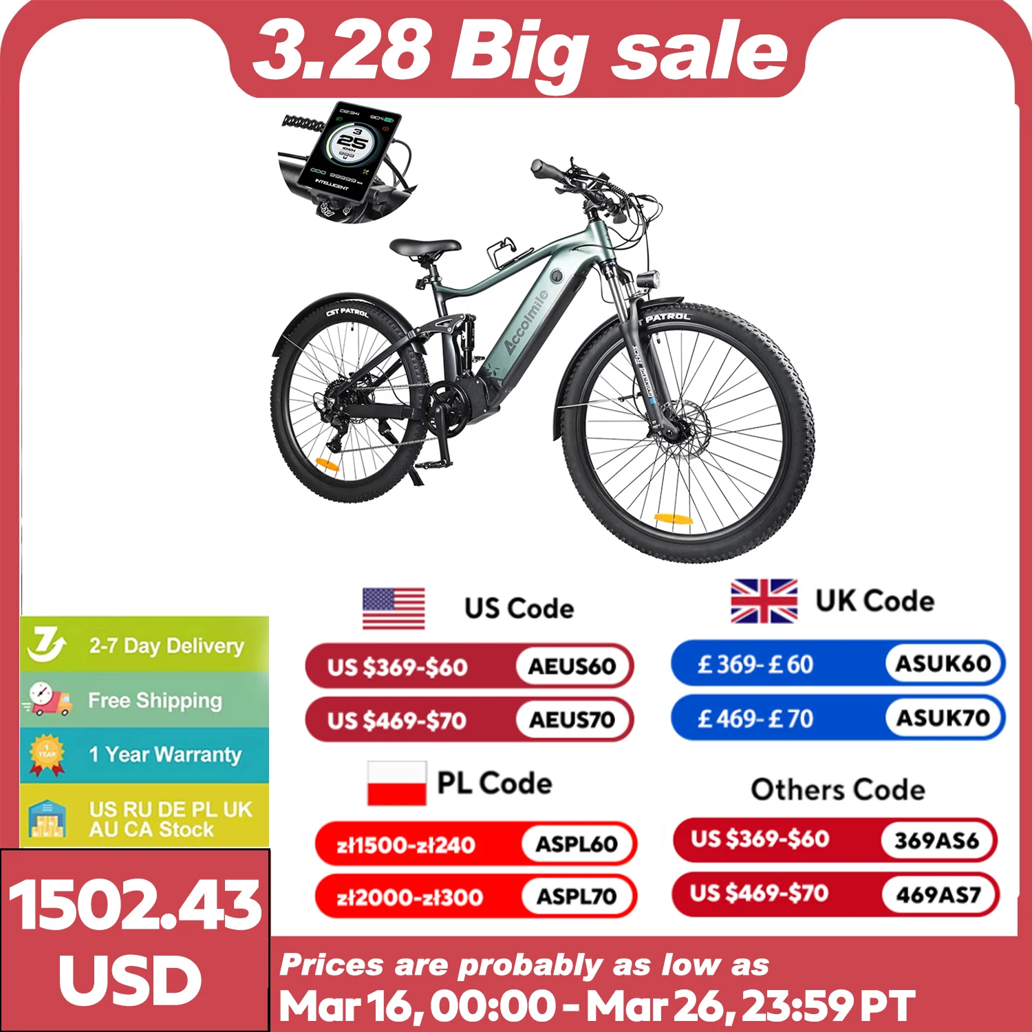 Accolmile Electric Bike Powerful 750W Mountain Ebike (Peak 1200W) With BAFANG Mid Motor 27.5 29 Inch Adult Electric Bicycle Mens