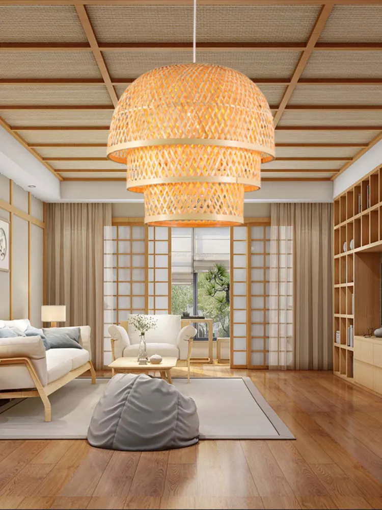 Modern New Design Bamboo Wooden Handmade Good Quality 3 Layers Asia Thailand Seaside Style Living Room E27 Pendant Lamp