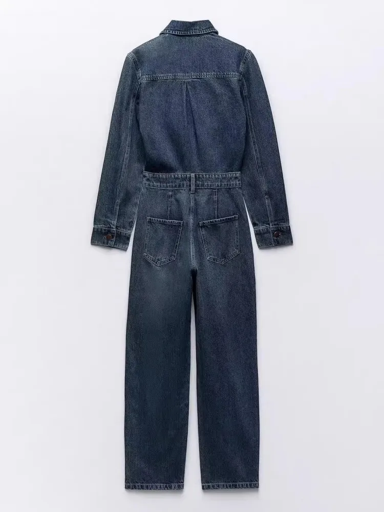 Blue Lapel Long Sleeved Jumpsuit For Women With A Stylish Front Pocket Embellishment, Straight Leg Long Denim Jumpsuit