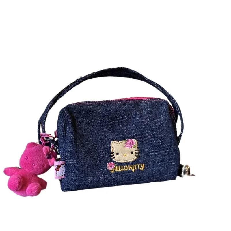 Sanrio Hello Kitty cute embroidery blue denim women's handbag new cartoon fashion super light shoulder bag birthday gift