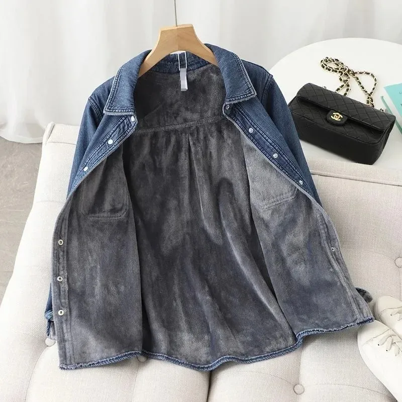 

Autumn Winter Fleece Thicken Denim Jacket Women Loose Casual Warm Jeans Coats Wear Lapel Long Sleeves Female Clothes Womens Tops