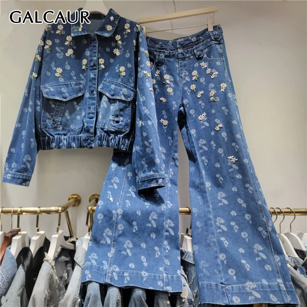 

GALCAUR синий комплект из двух предметов с цветочным принтом, женская куртка с лацканами и длинными рукавами, уличная одежда, женские комплекты брюк, новая мода