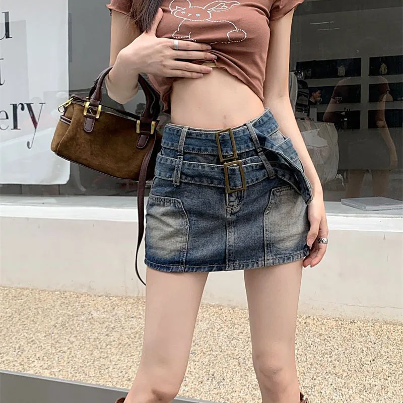 

Skirt Y2k Clothes Women Korean Fashion High Waist Double Belt Hip Denim Skirt 2023 Summer New American Vintage Sexy Mini Skirts