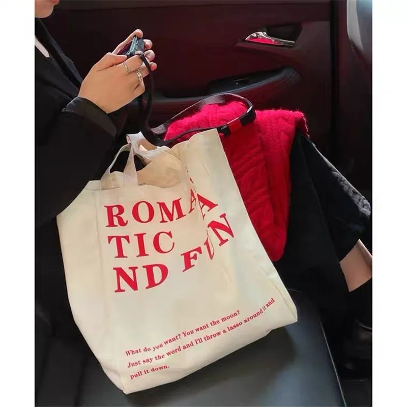 Bolso de hombro de lona para mujer, bolsa de mano informal con estampado romántico, de gran capacidad, de algodón, reutilizable, para compras y playa