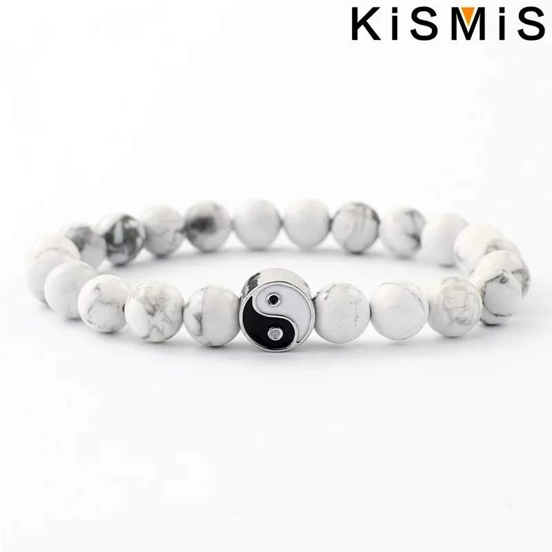 مسافة جديدة كلاسيكية الحجر الطبيعي أبيض أسود يين يانغ سوار مُزين بالخرز للرجال والنساء أفضل صديق هدية #6