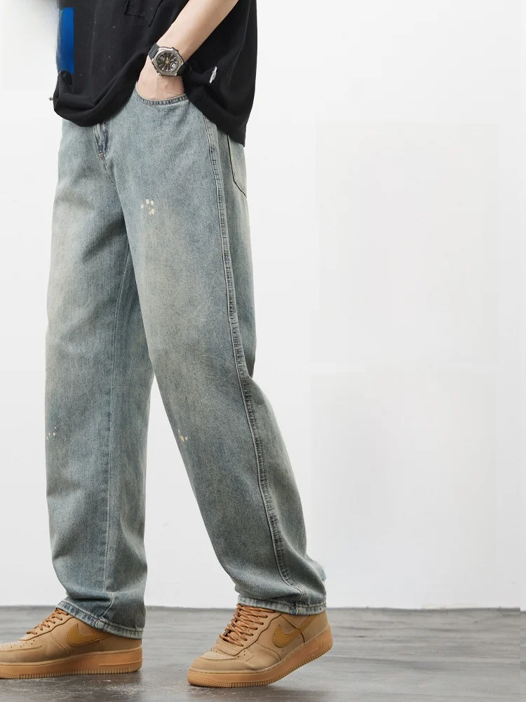 

Мужские осенние джинсы-кенгуру из чистого хлопка, новые свободные прямые джинсы в американском стиле ретро, повседневные широкие брюки с высокой талией