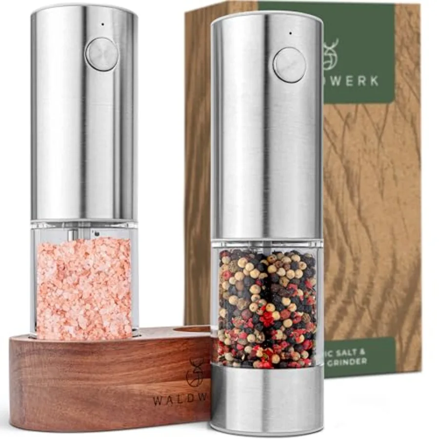 

Электрический набор для измельчения соли и перца с аккумулятором 300 мАч - солонки и перечницы с элегантной подставкой из акации.