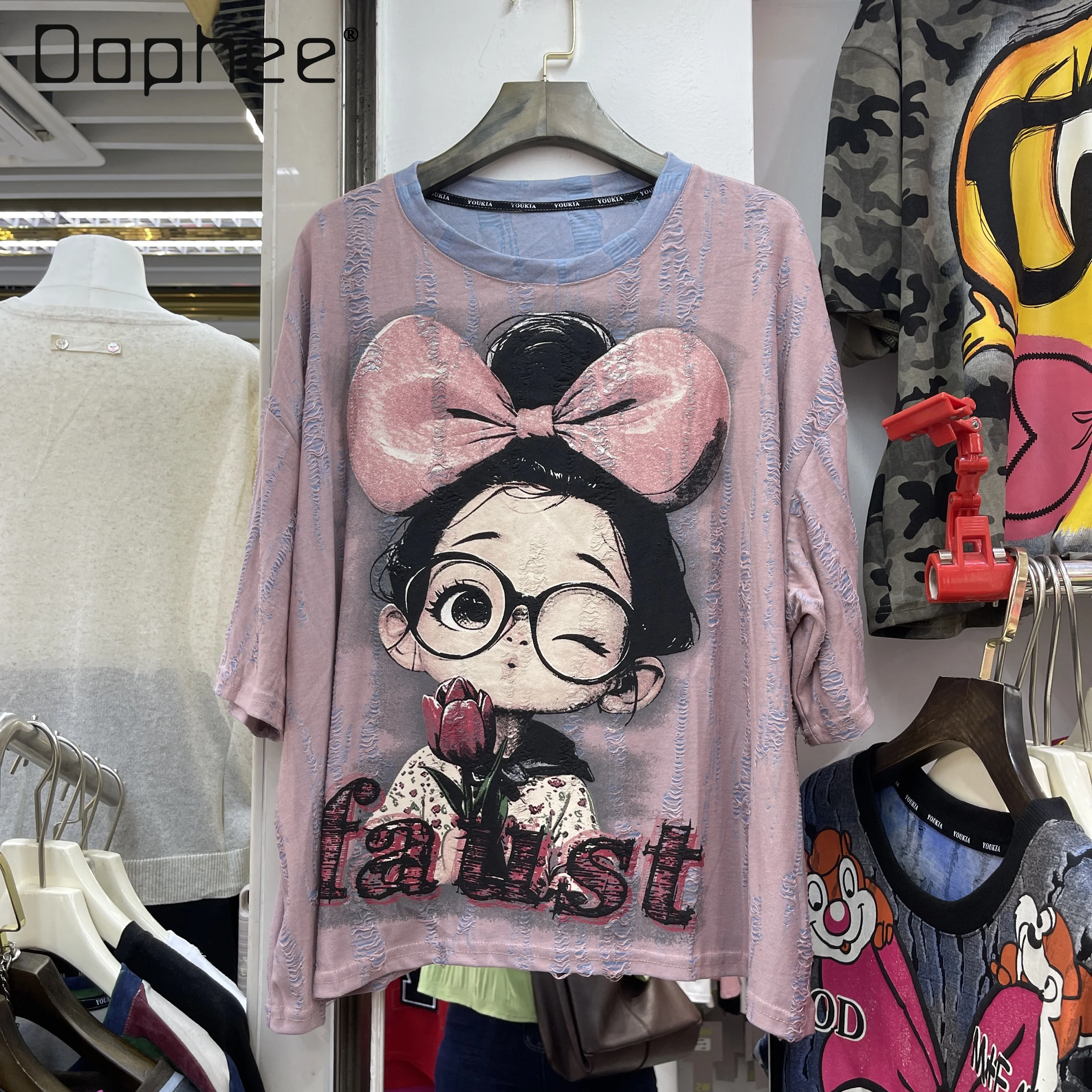 

2025 Summer Cartoon Bow Girl Printed Double-sided Cotton Comfortable Breathable Loose Casual T-shirt Kawaii Clothes Women Tops