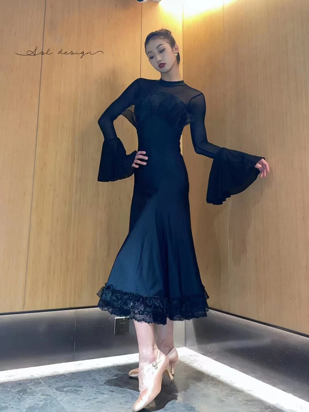 Flare Sleeve Ballroom Dance Dress Black Performance Costume Adult Women Practice Wear Tango Waltz Dancing Dresses DL11520