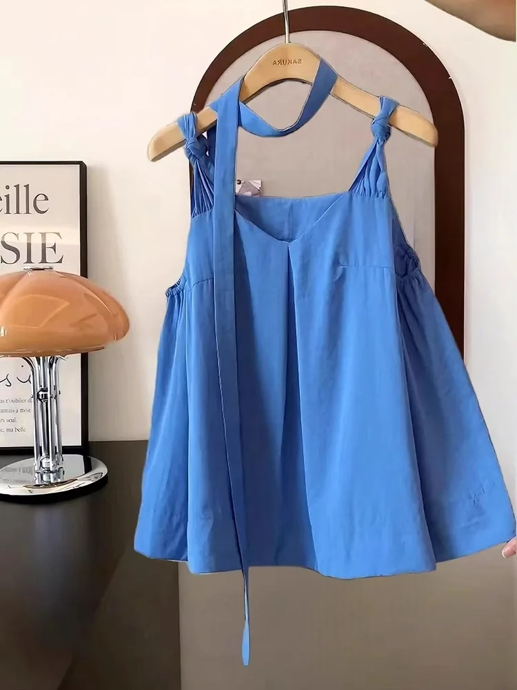 

Korean Design Sensation Sa Twist Strap irt Women Summer Small Blue Klein Ele Top Loose Fit Polyester Single Piece