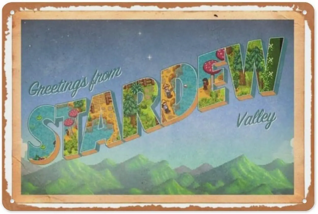 Vintage Metal Sign - Stardew Valley Vintage Postcard - 8x12 Inch Wall Art for Garage, Man Cave, Game Room, Coffee House Or Home