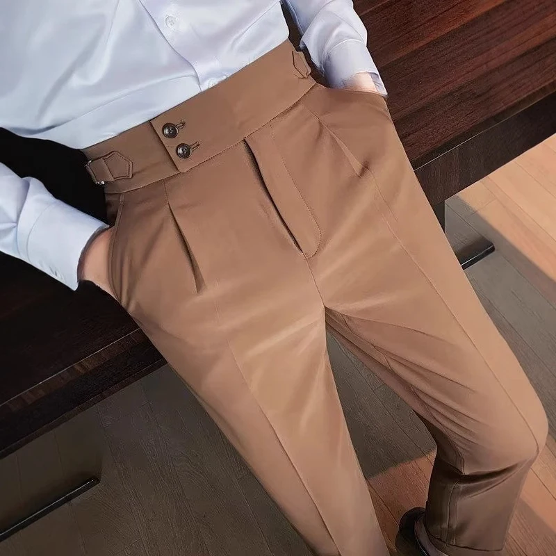 2026 Spring Summer Men White High Waist Straight Pants, Double Buckle Belt Slim Fit Korean Style Business Casual Trousers view 4