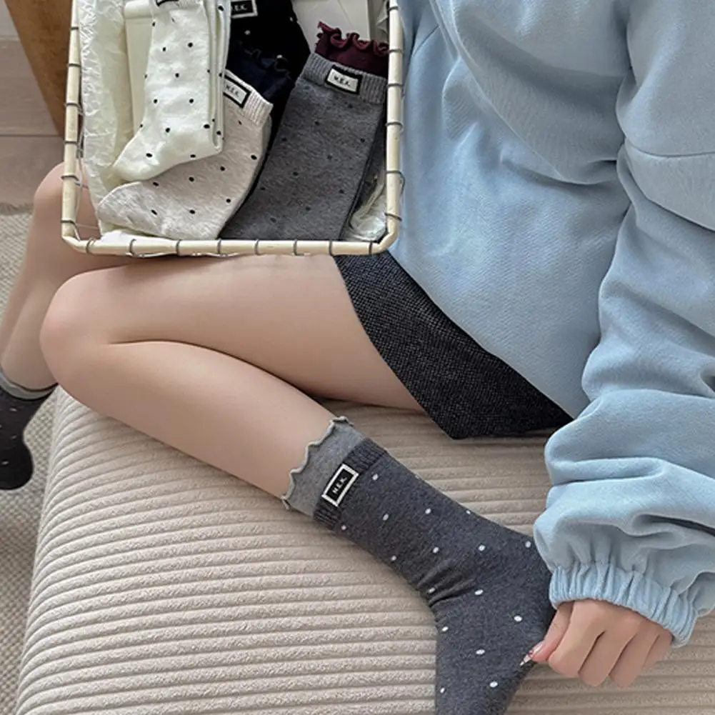 Женские носки с милыми точками и оборками, повседневные модные длинные носки, дышащие женские носки в консервативном стиле, хлопковые мягкие удобные носки