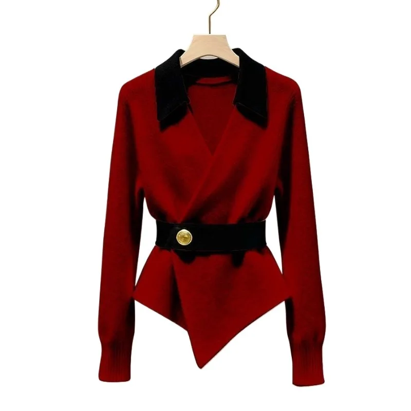 Splicing Knitted Top Light Luxury in Winter Unique Sense of High-end Super Good-looking Splicing Collar Waist Sweater Women's