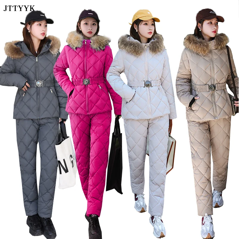 

Winter Clothing Female Two Piece Set Women Top And Pants Outfits Hooded Parka Outdoor Ski Suit Warm Down Jackets Woman Snowsuit