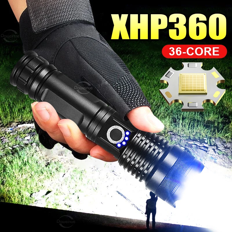

XHP360 Newest Powerful Flashlight Rechargeable Torch Light XHP90 High Power LED Flaslight USB Zoomable Camping Lantern Work Lamp