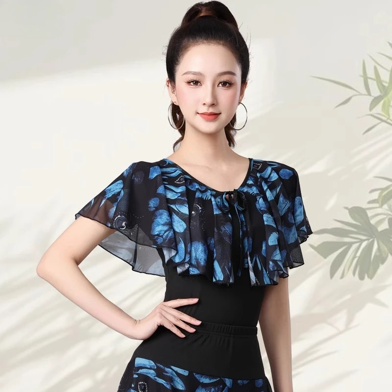 Women's Party Dress National Standard Fellowship Latin Dance Costumes Mesh Printed Short-sleeved Skirt Suit Elegant Dance Outfit image 3