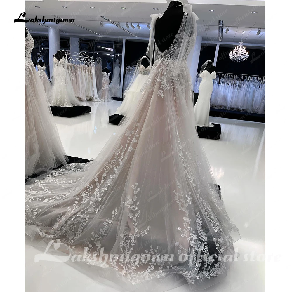 Lakshmigown Robe Mariee Floral Applique Wedding Dresses Deep V-neck See Through Bodice A Line Tulle Bridal Dress Backless Civil