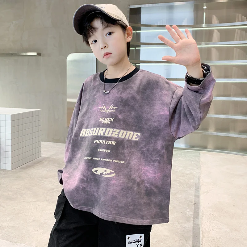 Teens Kids Boys 2024 Autumn Tie-Dye New Fashion Teenager Clothes Kids Casual Cotton Long Sleeve Tee Tops Costume 5 7 9 11 13 14T