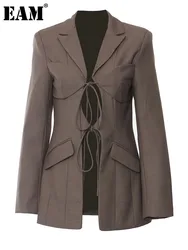 [EAM] chaqueta elegante calada con vendaje marrón para mujer, chaqueta de manga larga con solapa nueva, moda Primavera otoño 2024 1DH5200