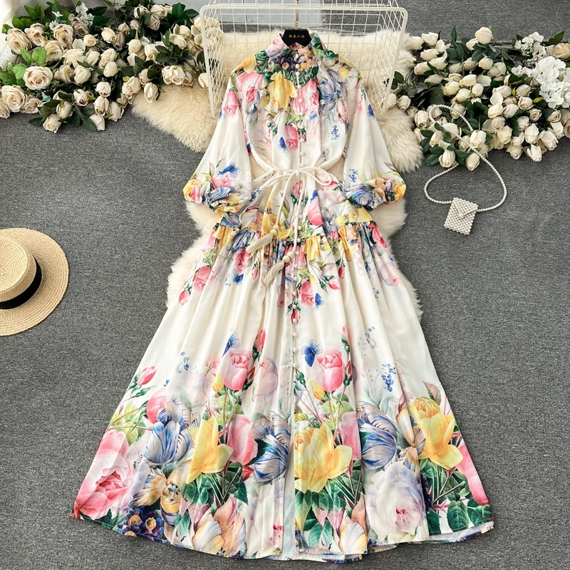 

Fancy Flower Series Palace Style Dress Printed Bubble Sleeves with Buckle and Slim Fit Long Style Spring Dress