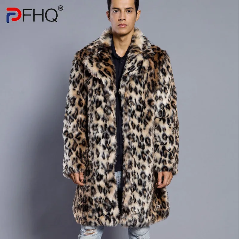 PFHQ Leopard Print Faux Fur Men's Suit Collar Jacket Warm Coat Autumn Winter 2024 Contrast  Color Long Sleeve Male Tops