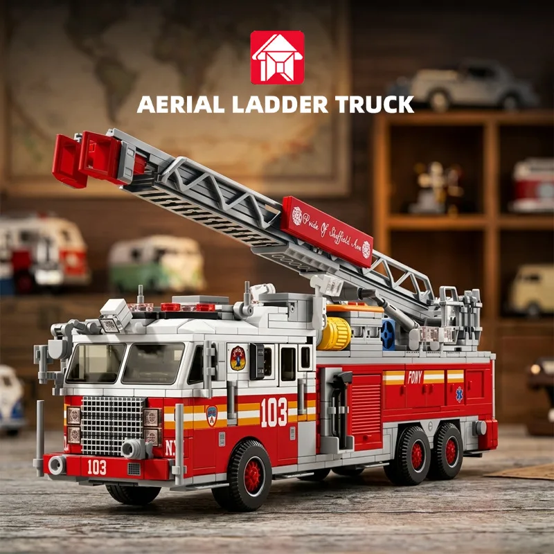 Leyi 31076 retro American fire ladder car car puzzle assembly building block model toy ornament