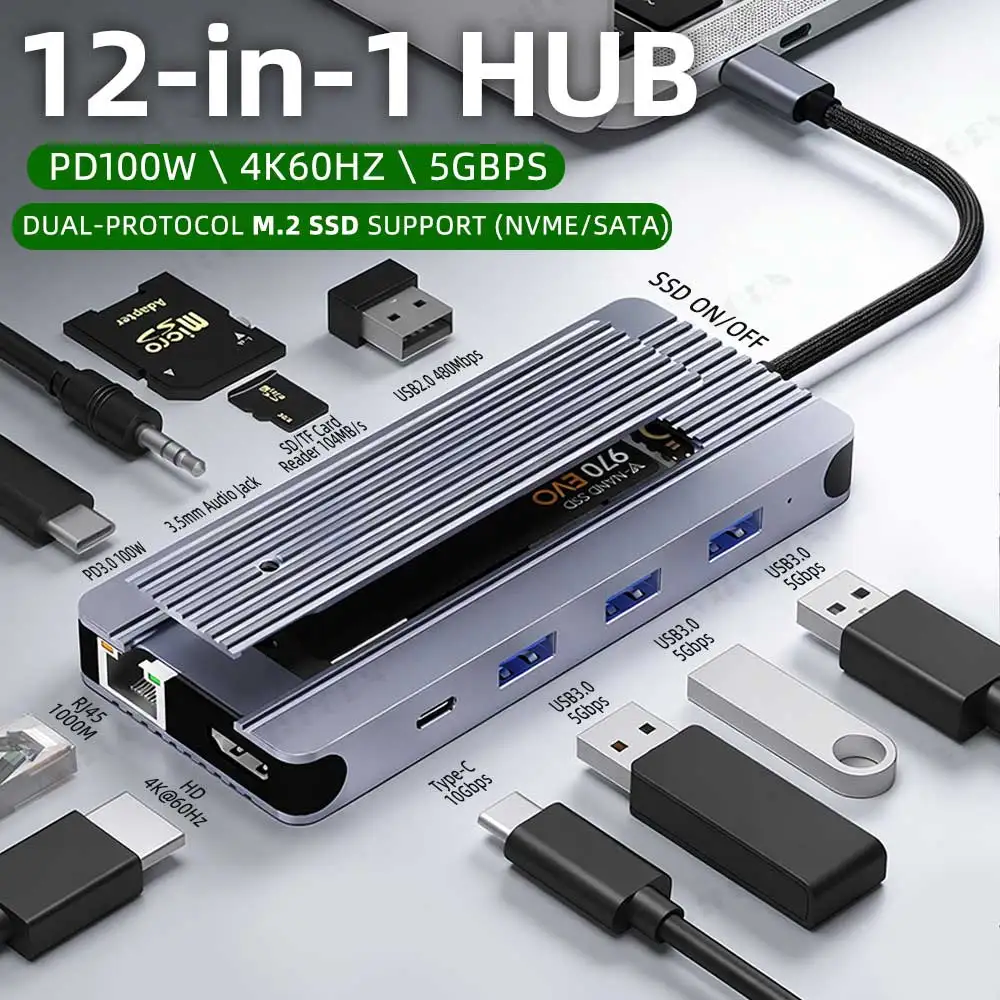 12-in-1 M.2 SSD Enclosure Docking Station USB C HUB TYPE C to HDMI Adapter 4K60Hz 1000Mbps PD100W USB3.0 5Gbps For Macbook Pro