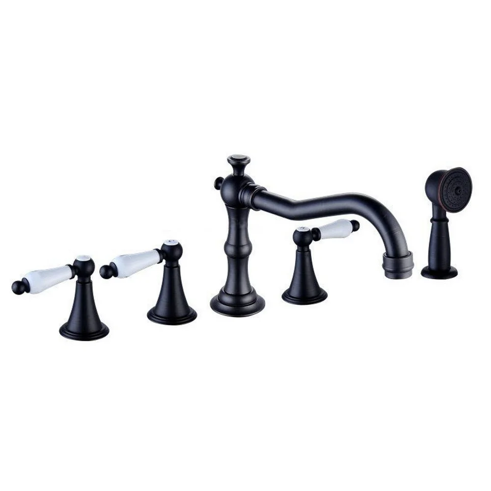 

Black Brass 5pcs Bathroom Tub Sink Faucet with Hand Shower Deck Mounted 5 Holes Three Ceramic Handles Bathtub Taps Ntf054