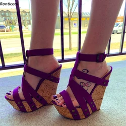 Ronticool Handmade Women Summer Gladiator Platform Sandals Ankle Strap Wedges Heel Open Toe Pretty Blue Dress Shoes US Size 5-20