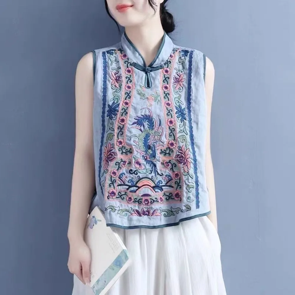 Women's Summer Chinese Style Retro Embroidered Cotton Linen Vest, Embroidery Short Stand Collar Frog Button Pullover Top