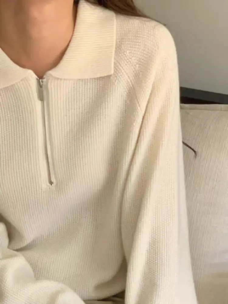 European goods POLO lapel 100% pure wool sweater women's half zipper long-sleeved loose knitted undershirt sweater