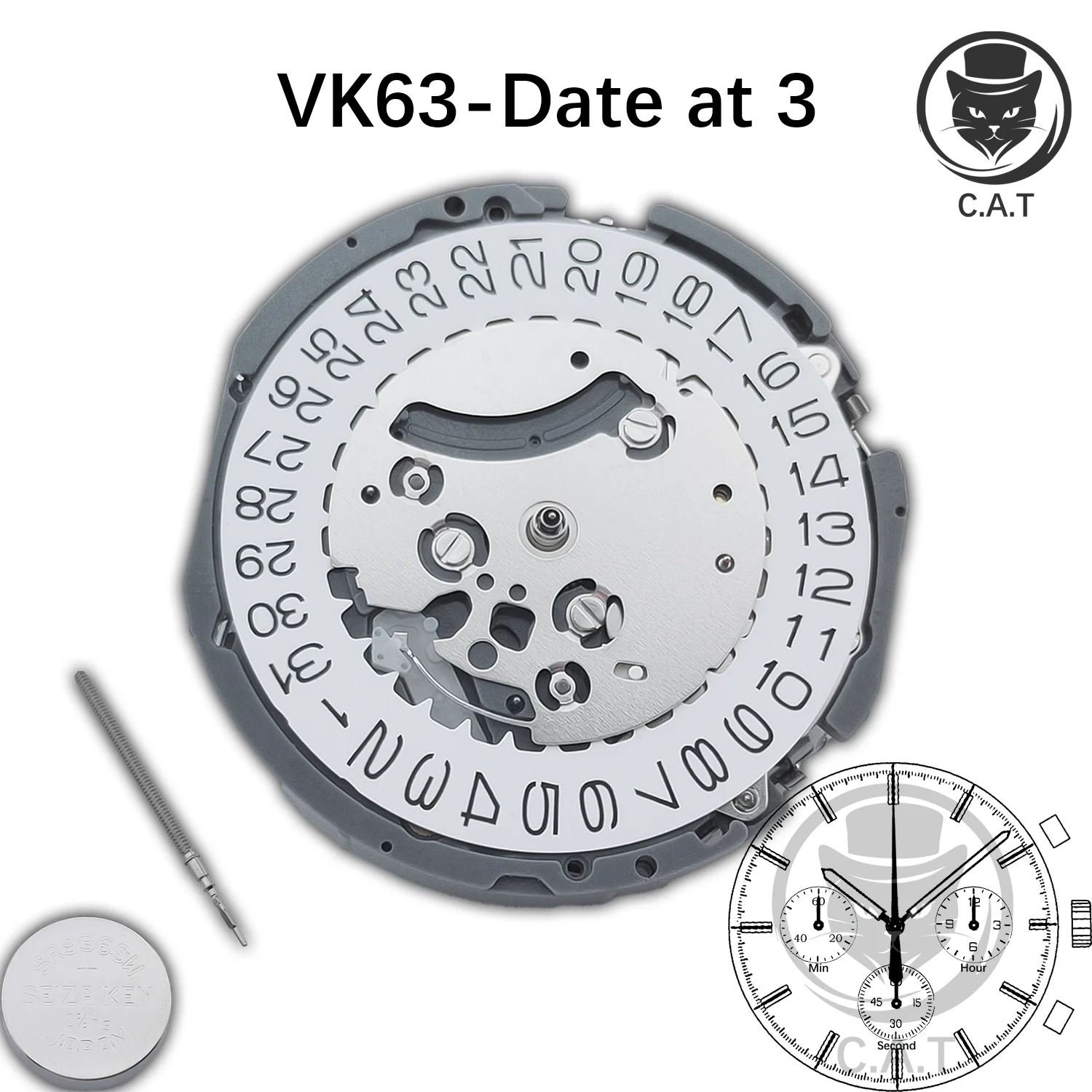 Movimento de quartzo série VK VK61 VK63 VK64 VK67 Relógio cronógrafo Movimento Coroa às 3 Peças de relógio C.A.T personalizáveis atacado