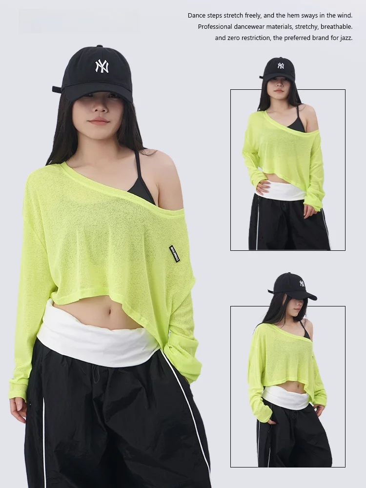 Sexy American Style Short Sleeveless Long Sleeve Sun Protection Cover up Top Women's Belly Baring Jazz Dance Shoulder Baring Top