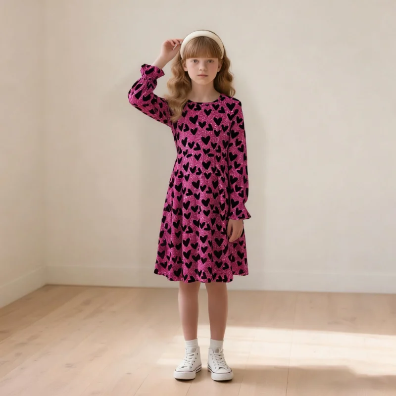 عرض ساخن عبر الحدود: فستان بناتي بأكمام طويلة وطبعة قلب لامع، فستان لطيف وردي واسع على شكل حرف A للأطفال كاجوال & Pa