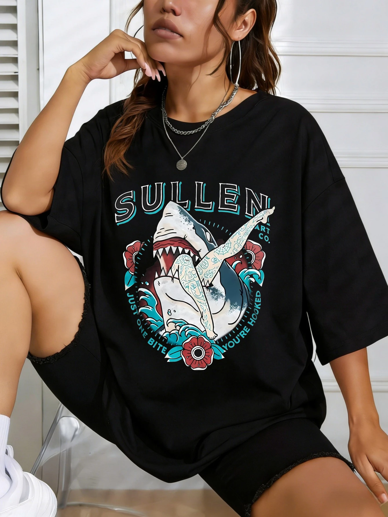 

Womens Oversized Cotton Shark Graphic Printed Streetwear Summer Casual Short Sleeve T Shirt, Gift for Her