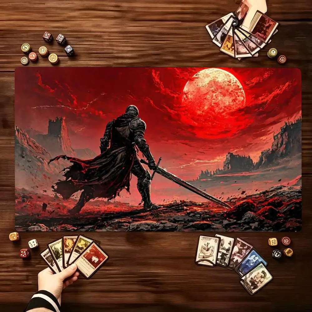 Tapete de juego para mesa TCG, diseño de la escena de la Luna Roja del Caballero Oscuro, tapete de goma antideslizante de gran tamaño y superficie lisa, ideal para batallas de cartas coleccionables.