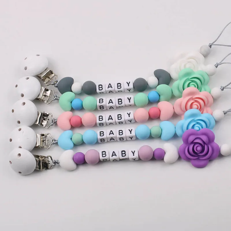 New Baby Personalized Silicone Pacifier Chain Flowers Silicone Pacifier Clip Baby Name Custom Teether Anti-Drop Chain