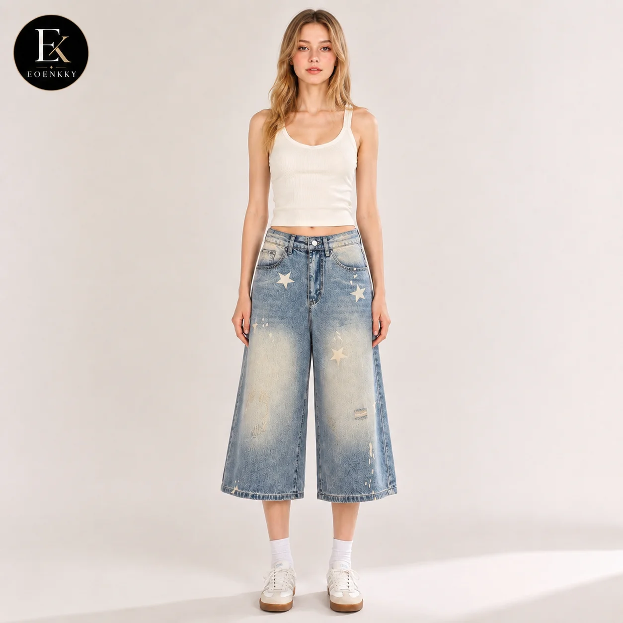 EOENKKY Women's High Waist Wide Leg Capri Jeans Washed Star Print Distressed Casual Cropped Denim Pants 2026