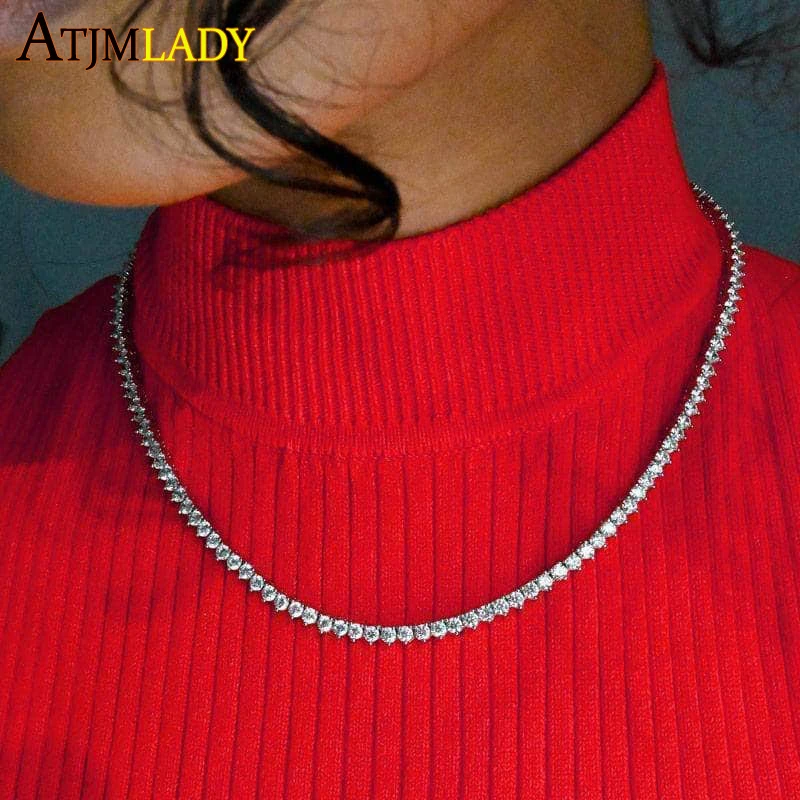 3mm Prong Setting 1 Row CZ Tennis Chain Necklace For Women Iced Out Bling Cubic Zirconia Hiphop Classic Choker Jewelry 16