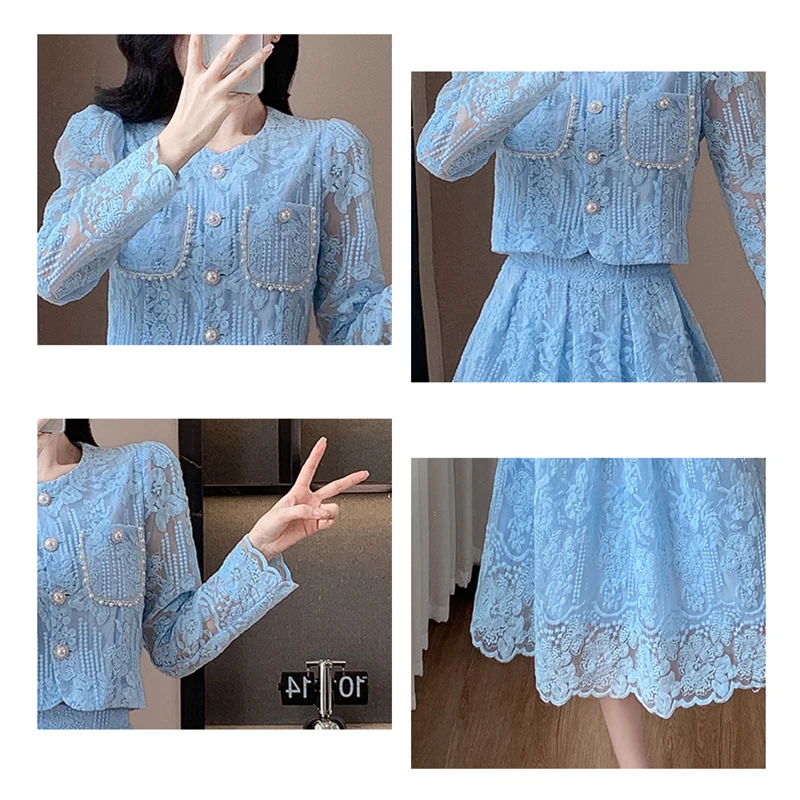 2024 Autumn New Women Elegant Lace Two Piece Sets Women Single Breasted Embroidery Flower Lace Long Tops+A-line Mesh Skirt Suits