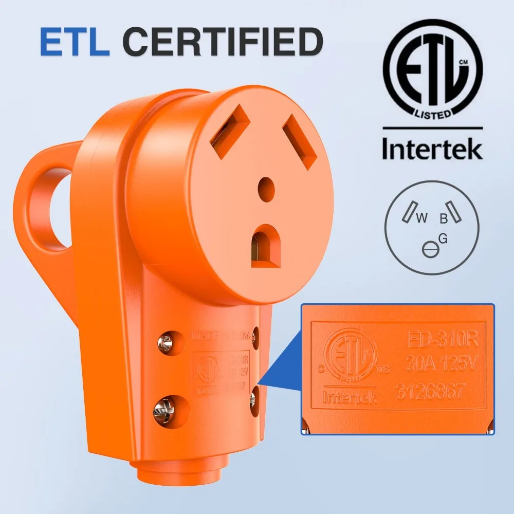 Receptáculo de substituição para rv resistente, soquete fêmea de 125v com alça etl, plugue nema TT-30R listado para trailer de campista