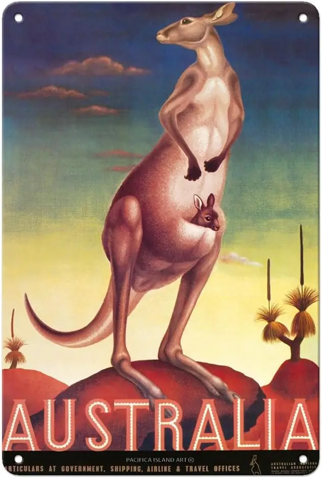 Pacifica Island Art Australia - Australian Kangaroo with Baby Joey - Vintage Travel Poster by Eileen Mayo c.1957-8 x 12 inch Vin