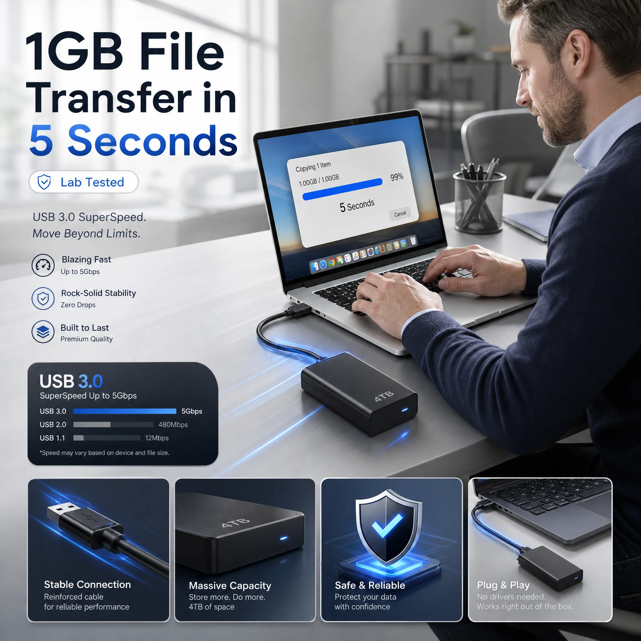 USB 3.0 Male To Male Cable 5Gbps High‑Speed Transfer Data Cable for External Hard Drive Laptop Cooling Pad PC 1M 2M 3M 5M