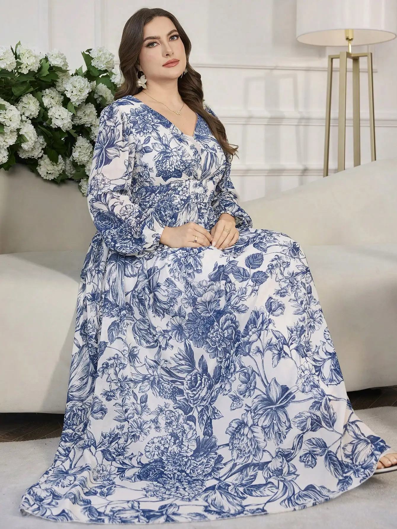 

Romantic Floral Print V-Neck Long Sleeve A-Line Maxi Dress For Women