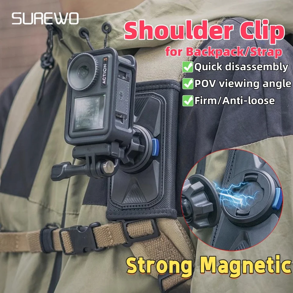 SUREWO Magnetic Shoulder Clamp Quick Release Bracket Holder Clip for Backpack Strap Gopro13 12 Dji Action 4 3 Camera Accessories