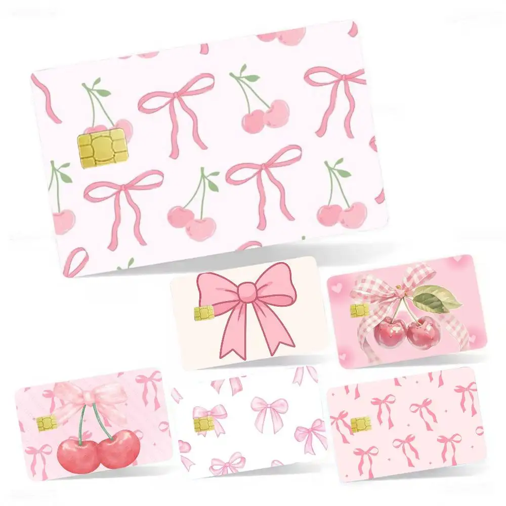 

Pink bow cherry pattern Card Stickers Small Waterproof Chip 4PCS Card Sticker Anti-Scratch